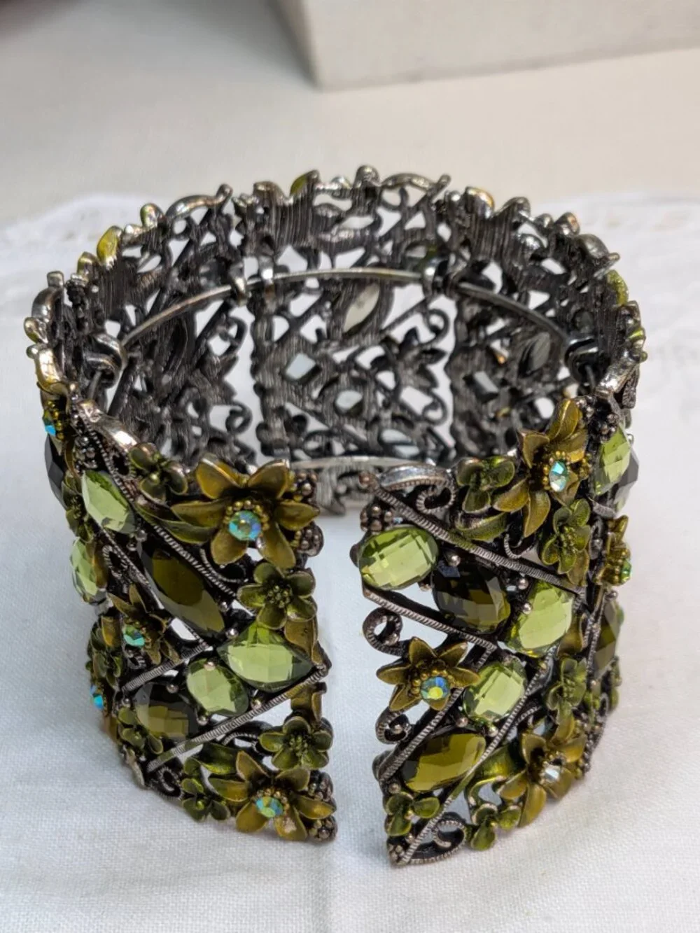 Vintage Enameled Green Rhinestone Floral Cuff Bracelet